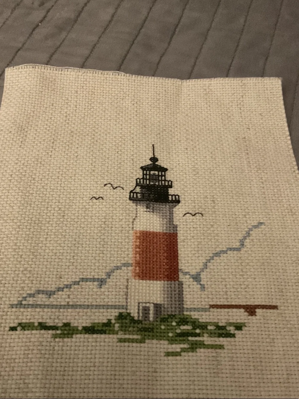 Handcrafted Lighthouse Cross-Stitch Wall Art - Red, White, Green